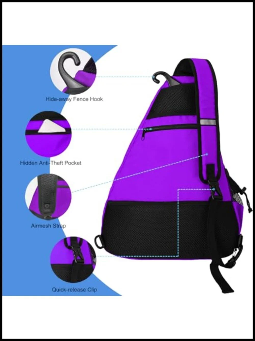 Pickleball Bag Crossbody Sling Backpack with Fence Hook for Tennis Racketball
